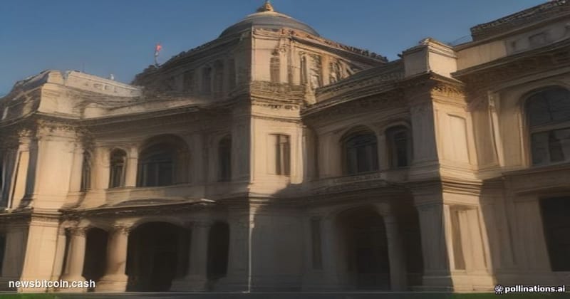 Cinematic photorealistic editorial photograph of the Bombay Stock Exchange building in Mumbai — its iconic art deco facade il