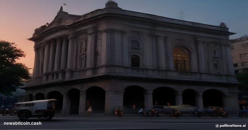 Cinematic photorealistic editorial photograph of the Reserve Bank of India's iconic Mumbai headquarters at dusk, the grand co