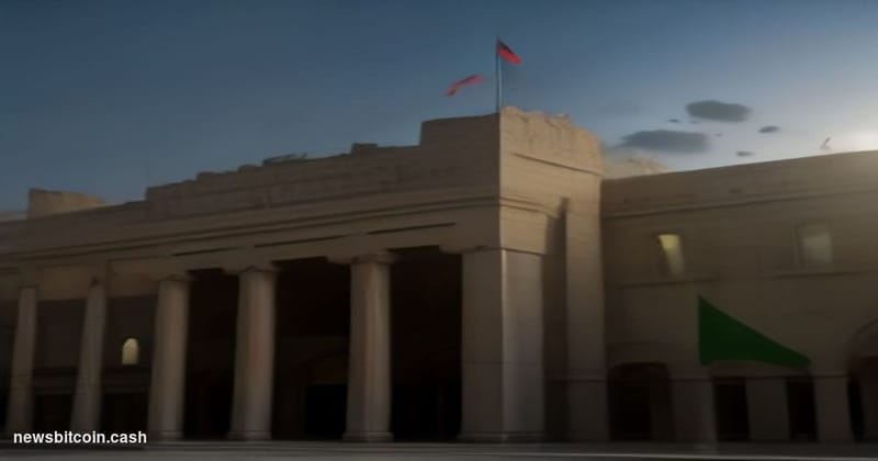 Cinematic photorealistic editorial photograph of the exterior of Iran's Central Bank building in Tehran at dusk, dramatic sid