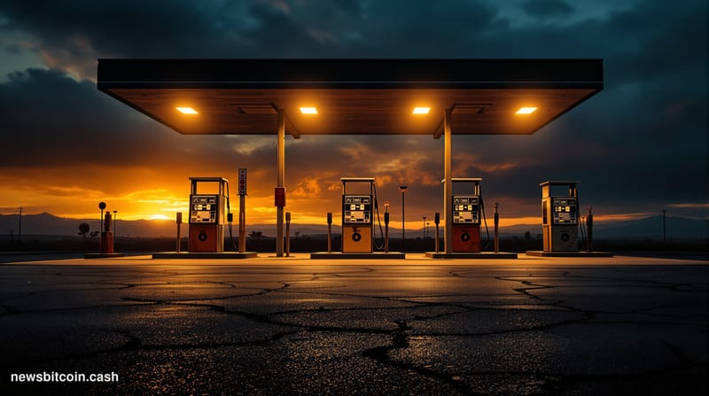 Cinematic photorealistic editorial photograph of a long queue of cars and trucks stretching along a sun-scorched highway towa