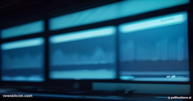 Cinematic photorealistic editorial photograph of a trading floor terminal displaying a downward price chart with "IREN" as th