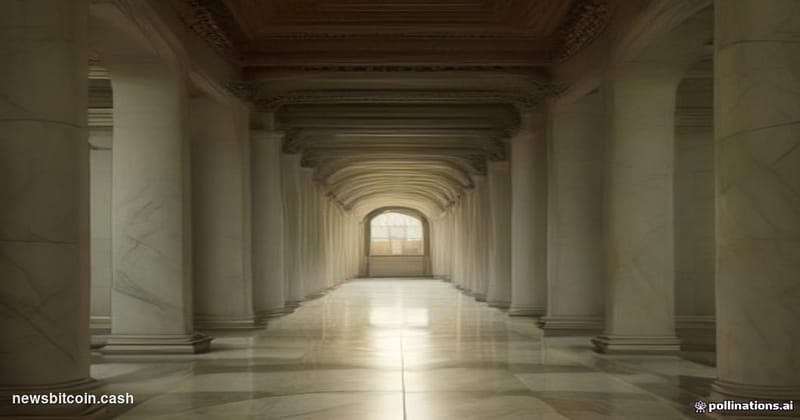 Cinematic photorealistic editorial photograph of the interior of a Federal Reserve building hallway, shot from a low angle lo