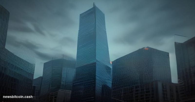 Cinematic photorealistic editorial photograph of the Tokyo financial district at dusk, shot from a low angle looking up at th
