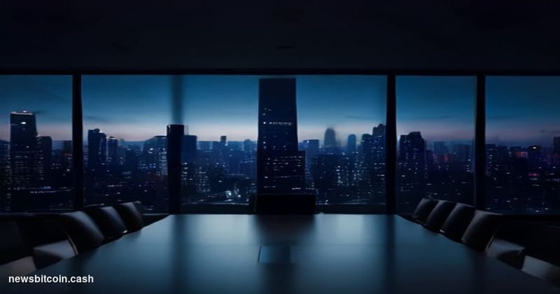 Cinematic photorealistic editorial photograph of Tokyo's financial district at dusk, with the neon-lit Shinjuku skyline visib