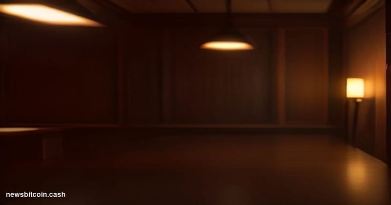 A cinematic photorealistic editorial photograph set inside a dimly lit Federal Reserve boardroom environment, shot from a low