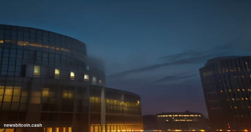 Cinematic photorealistic editorial photograph of the National Bank of Kazakhstan's grand modernist headquarters in Almaty, sh