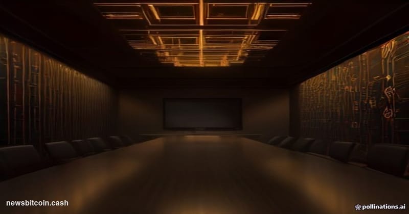 A cinematic photorealistic editorial photograph set in a dramatic, dimly lit technology boardroom, warm amber spotlight illum