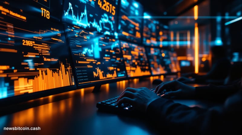 Cinematic photorealistic editorial photograph of a sleek, modern financial trading floor interior bathed in cool blue and amb