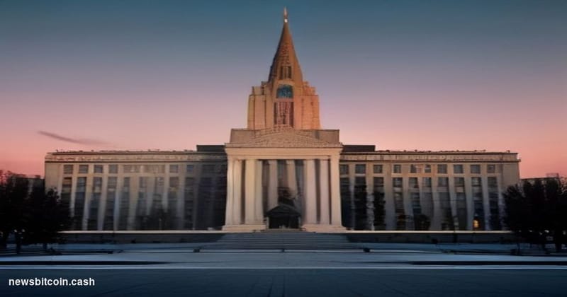 Cinematic photorealistic editorial photograph of Bishkek's central government district at dusk, featuring the iconic Kyrgyz W