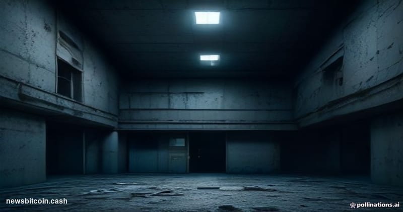 A cinematic photorealistic editorial photograph shot from a low angle looking up at a crumbling brutalist concrete structure,