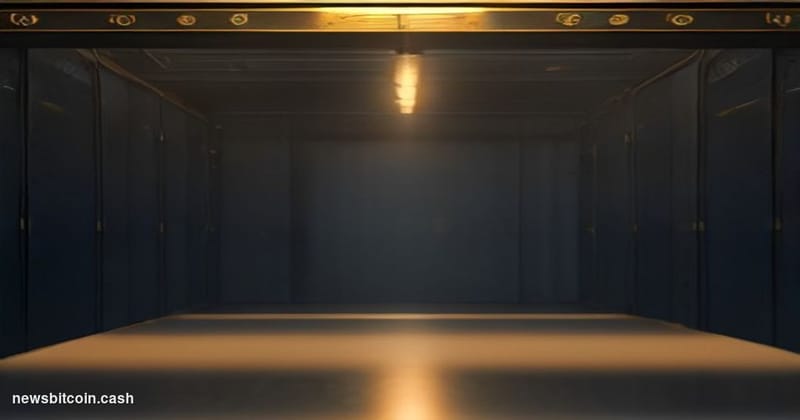Cinematic photorealistic editorial photograph of a physical Bitcoin vault door, partially open, with warm golden light spilli