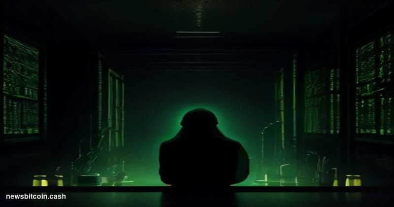 Cinematic photorealistic editorial photograph of a shadowed figure seated at a sleek black desk in a dimly lit server room, w