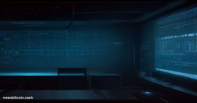 Cinematic photorealistic editorial photograph of a dramatic server infrastructure environment rendered in near-darkness, with