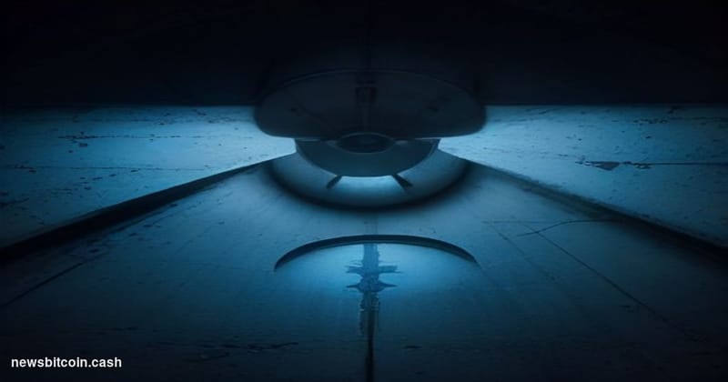 Cinematic photorealistic editorial photograph shot from a low angle looking up at a brutalist concrete financial vault door, 