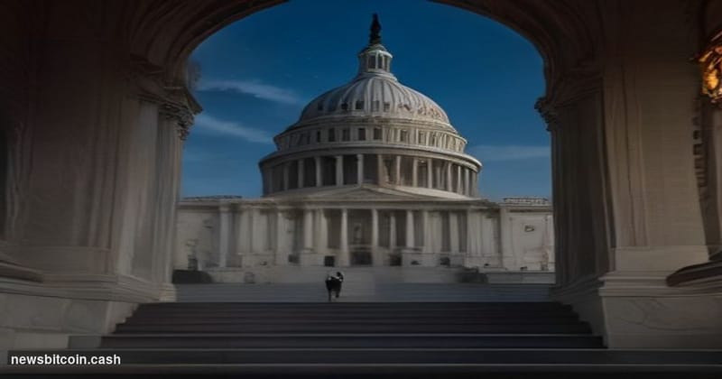 A cinematic photorealistic editorial photograph of the United States Capitol building in Washington D.C. at dusk, shot from a