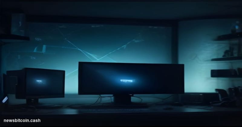 Cinematic photorealistic editorial photograph of a dimly lit gaming room bathed in deep blue and amber light, with multiple m