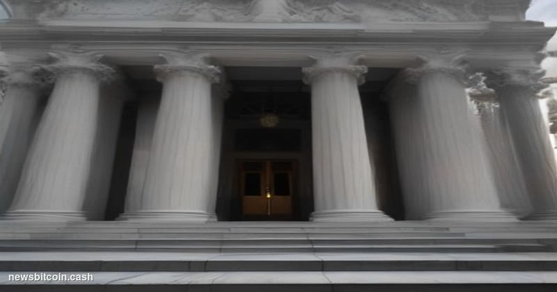 Cinematic photorealistic editorial photograph of a federal courthouse entrance at dusk, shot from a low angle looking up at i