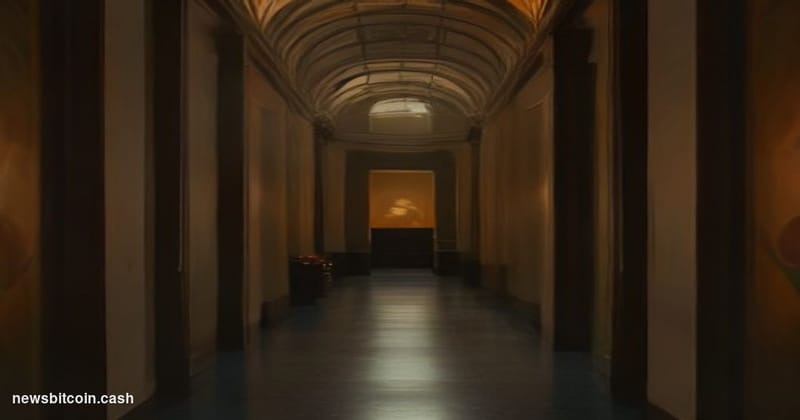 Cinematic photorealistic editorial photograph of a dramatic, museum-scale atrium interior bathed in warm amber and deep shado