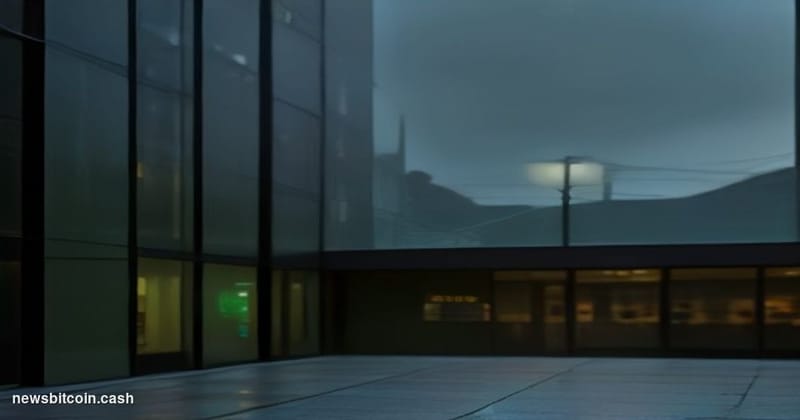 Cinematic photorealistic editorial photograph of Robinhood's Menlo Park office exterior at dusk, the company's feather logo s