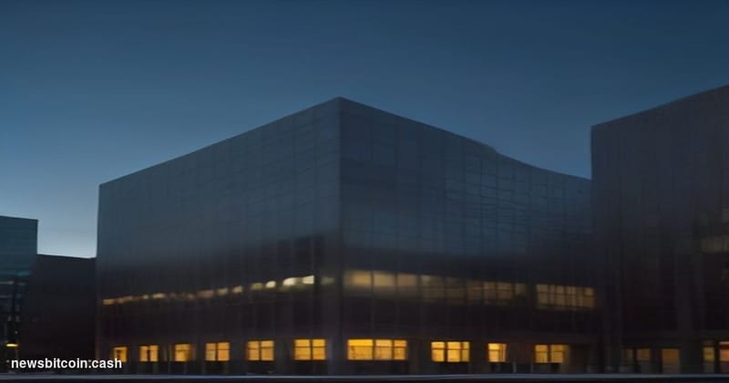 Cinematic photorealistic editorial photograph of a glass-and-steel corporate headquarters building at dusk, shot from a low a