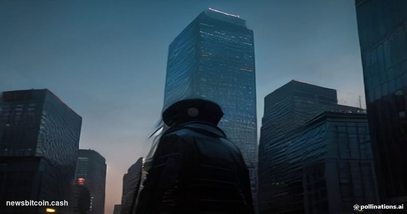 Cinematic photorealistic editorial photograph shot at dusk from street level looking up at a gleaming Tokyo financial distric