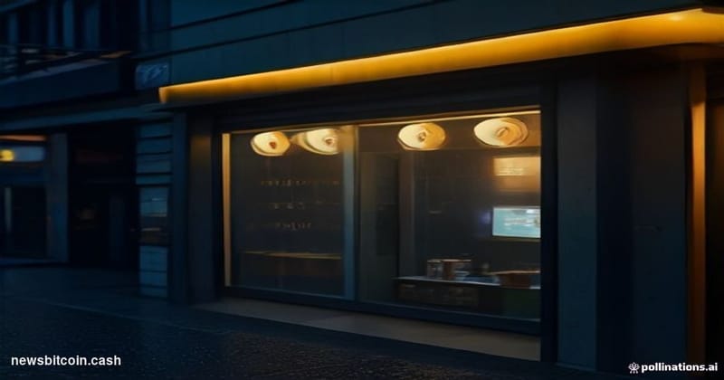 Cinematic photorealistic editorial photograph of a MoneyGram storefront in an urban immigrant neighborhood — neon-lit signage