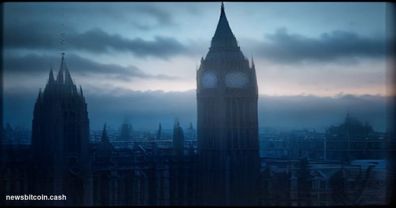 Cinematic photorealistic editorial photograph of a frosted glass window of a London government building with the Thames and H