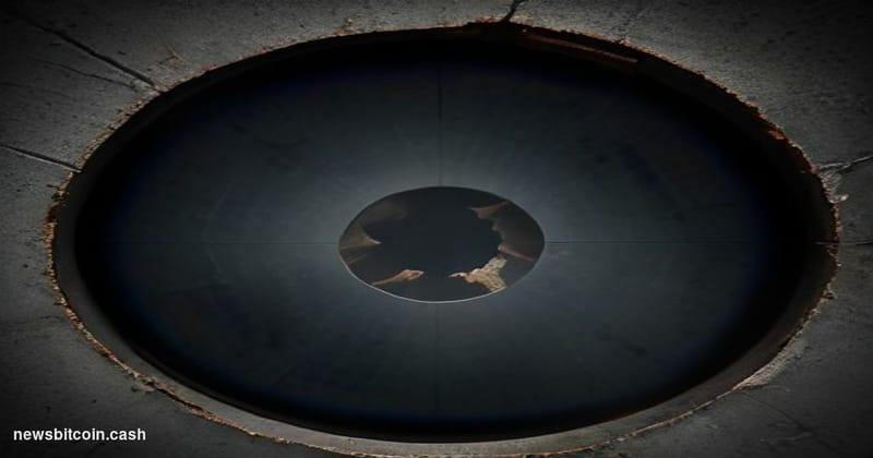 Cinematic photorealistic editorial photograph shot at a low angle looking up at a cracked digital vault door rendered in dark