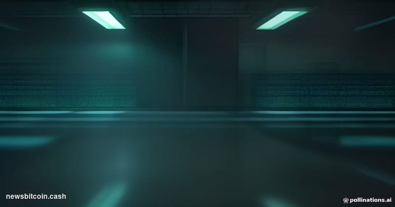 Cinematic photorealistic editorial photograph shot from a low angle in a darkened server room with dramatic blue-green backli