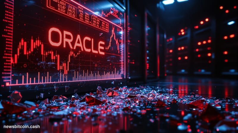 A dramatic cinematic editorial photograph set in a dimly lit server room environment with a glowing holographic display showi