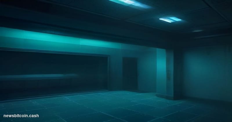 Cinematic photorealistic editorial photograph of a dimly lit server room interior bathed in cold blue ambient light, with a s