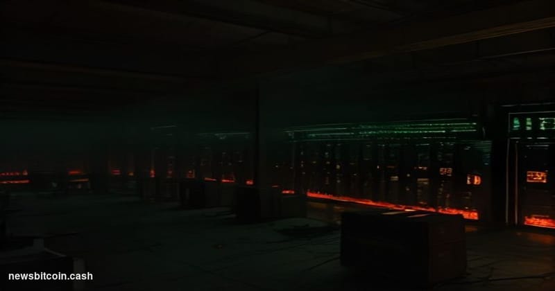 A cinematic photorealistic editorial photograph of a cracked and corroded server rack inside a dimly lit data center, with a 