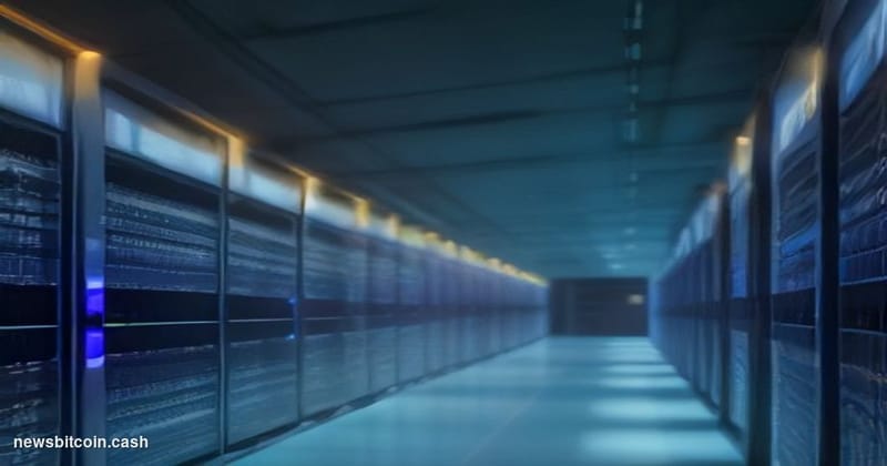Cinematic photorealistic editorial photograph of a large-scale data center interior bathed in cool blue and amber lighting, w