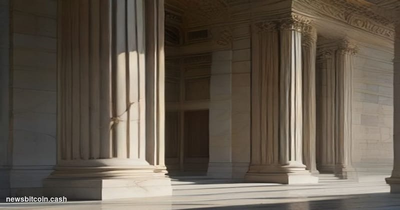 A cinematic photorealistic editorial photograph set in Washington D.C., with the neoclassical facade of the US Treasury build