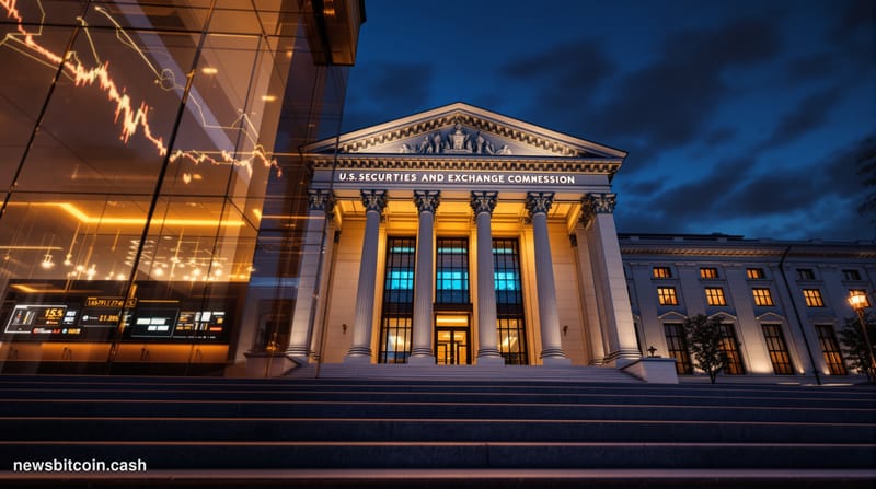 Cinematic photorealistic editorial photograph of the U.S. Securities and Exchange Commission headquarters in Washington D.C.,