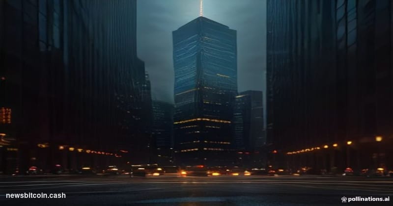 Cinematic photorealistic editorial photograph shot at ground level on a busy financial district street, dramatic side-lightin