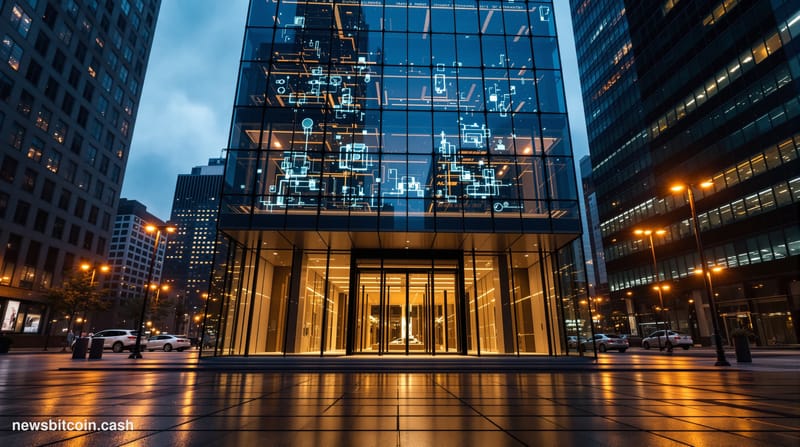 Cinematic photorealistic editorial photograph of the DTCC headquarters building in lower Manhattan, New York City, shot at du