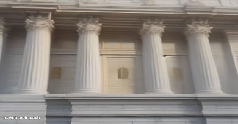 Cinematic photorealistic editorial photograph of the imposing neoclassical facade of the Office of the Comptroller of the Cur