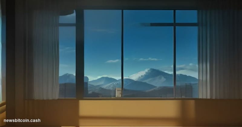 Cinematic photorealistic editorial photograph of a shuttered financial office in Santiago, Chile, with the recognizable Andes