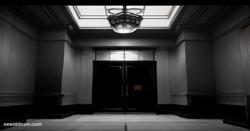 Cinematic photorealistic editorial photograph of a shuttered financial exchange office, shot from a low angle looking up at g