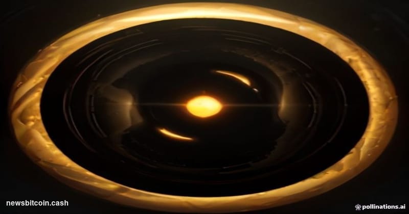 Cinematic photorealistic editorial photograph of a dimly lit server room with a cracked Bitcoin emblem glowing amber on a lar