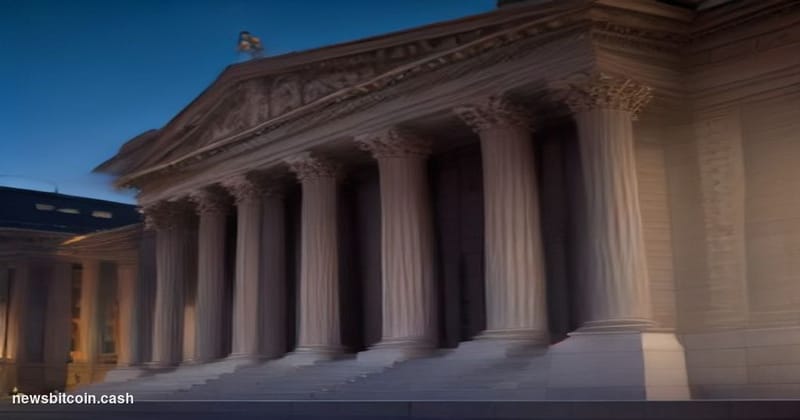 Cinematic photorealistic editorial photograph of the U.S. Treasury building in Washington D.C. shot at dusk from a low street