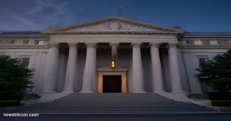 Cinematic photorealistic editorial photograph of the SEC headquarters building in Washington D.C. — the iconic neoclassical f