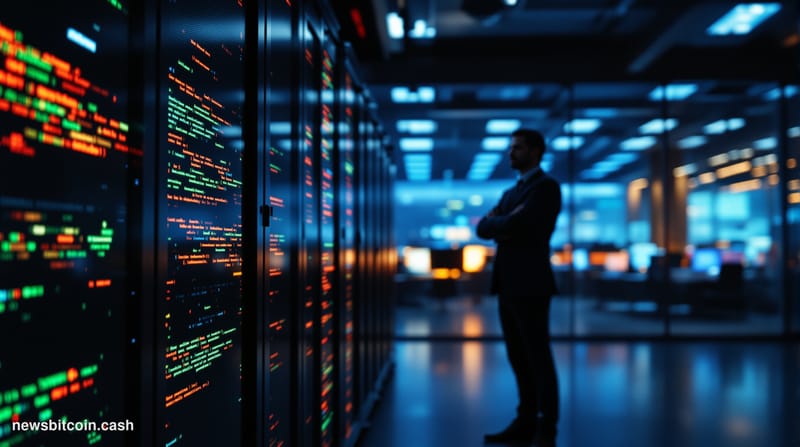 A cinematic photorealistic editorial photograph set inside a dimly lit, high-security cryptocurrency exchange server room, wi