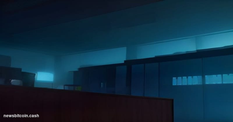 Cinematic photorealistic editorial photograph of a formal mortgage lending office interior at dusk, shot from a low angle loo