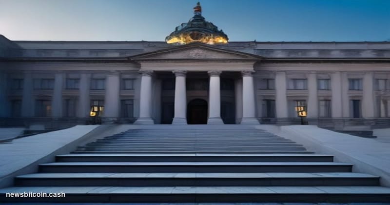 Cinematic photorealistic editorial photograph of the Polish parliament building (Sejm) in Warsaw at dusk, its neoclassical fa