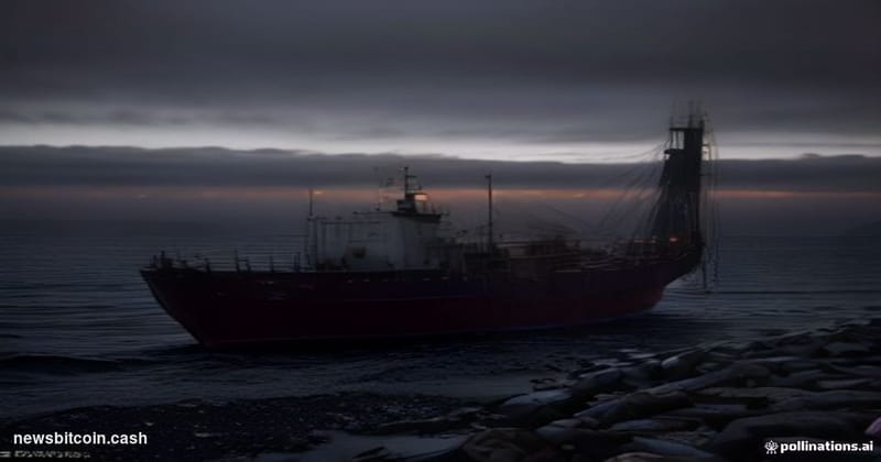 Cinematic photorealistic editorial photograph of a massive oil tanker stranded motionless in a dark, still harbor at dusk, it