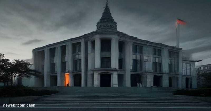 Cinematic photorealistic editorial photograph of a imposing Warsaw courthouse facade, its concrete and glass exterior illumin