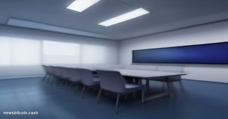 Cinematic photorealistic editorial photograph of a sleek corporate conference room bathed in cool blue-toned ambient light, w