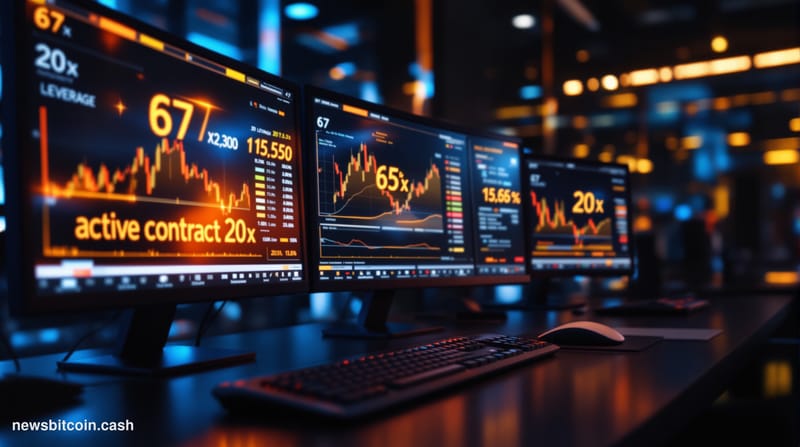 A cinematic photorealistic editorial photograph of a sleek trading terminal in a dimly lit, high-tech trading floor environme